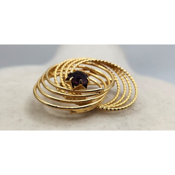 Multi Swirl Gold Tone Brooch With Purple Flower Shaped Rhinestone Accent - Picture 2 of 4